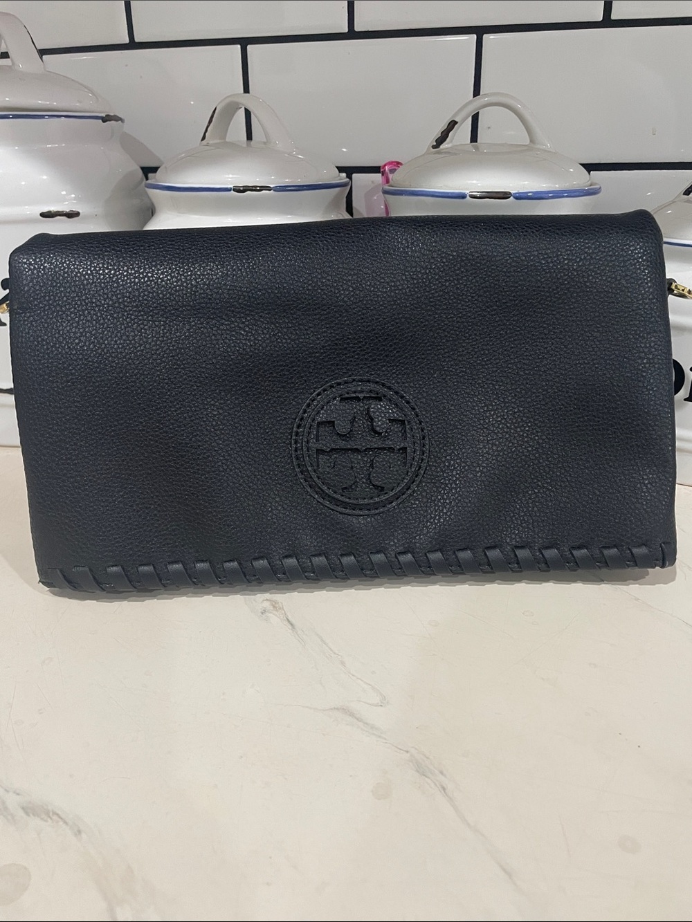 Tory Burch Black Pebbled Leather Clutch with Whipstitch Trim